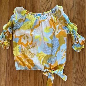 CeCe Yellow & Blue Floral Off-Shoulder Tie-Hem Blouse